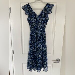 Kensie Embroidered Navy Blue Floral Midi Wrap Dress with Tie Waist